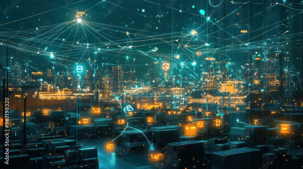 A Cityscape Illuminated by a Network of Data Flow and Connections A Cityscape Illuminated by a Network of Data Flow and Connections