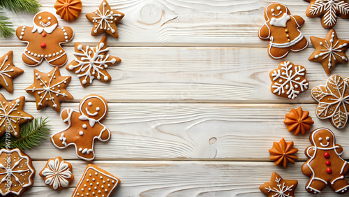 Christmas Gingerbread Cookies On White Wooden Background With Empty Space For Insertion, Top View For Your Design