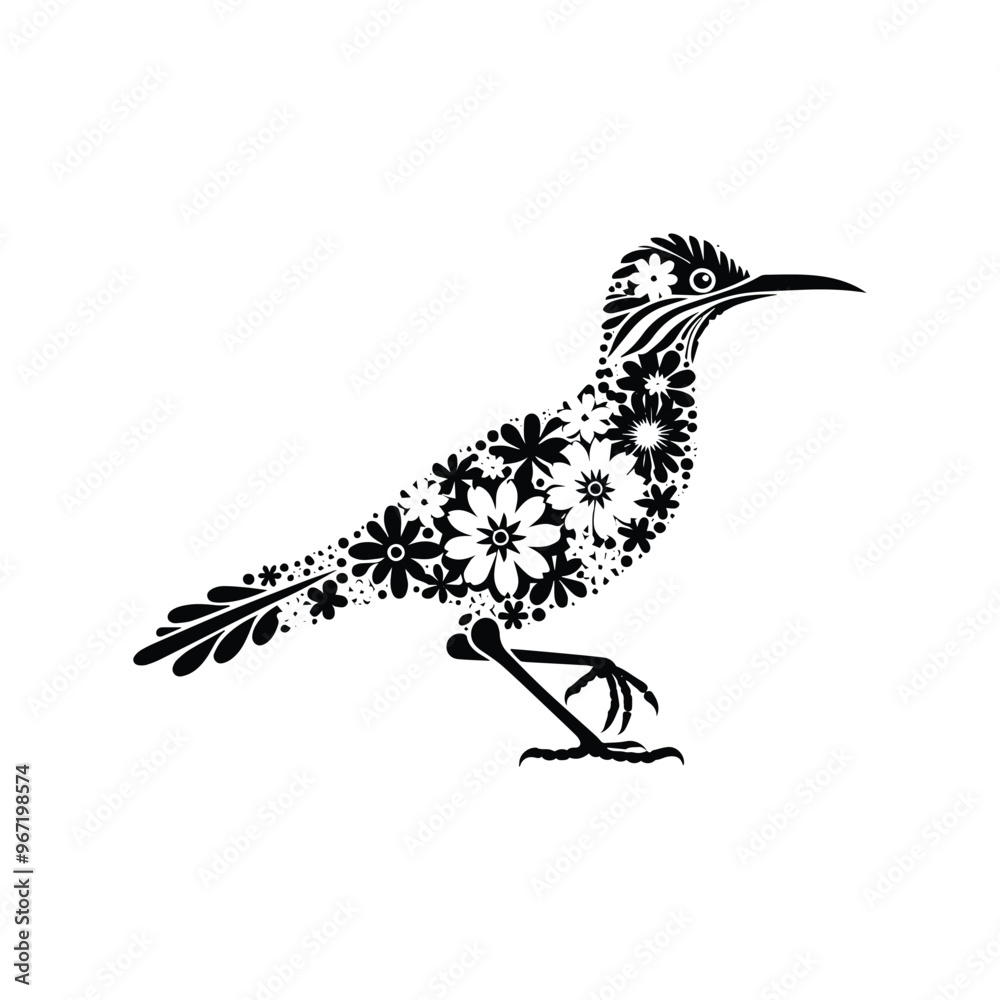 Obraz premium Roadrunner bird made by simple flower drawing, black and white animal illustration