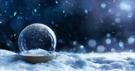 Christmas Snow Globe In Eve Night - Wish Concept With Snowing And Blue Abstract Defocused Background