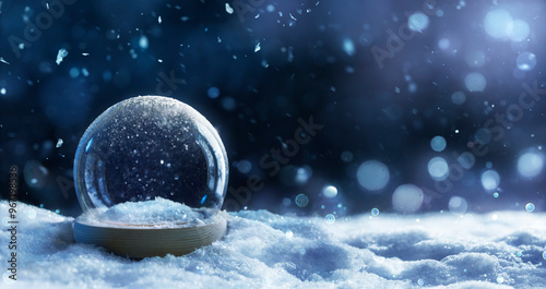 Christmas Snow Globe In Eve Night - Wish Concept With Snowing And Blue Abstract Defocused Background