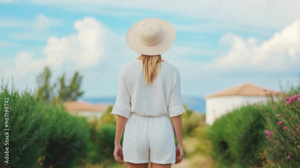 Fototapeta premium A woman in a light and breezy linen romper and sun hat exploring a charming coastal village on a sunny summer day with a deep depth of field capturing the serene and tranquil atmosphere