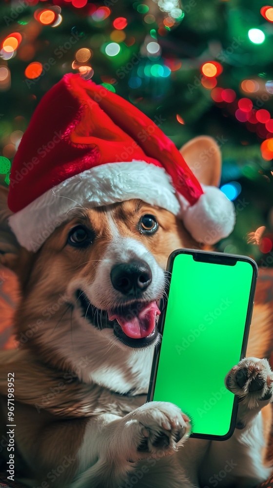 festive Christmas puppy dog in Santa hat holding smartphone with green chroma key screen, on festive Christmas tree lights background, new year sale promotions, app advertisements, holiday discounts festive Christmas puppy dog in Santa hat holding smartphone with green chroma key screen, on festive Christmas tree lights background, new year sale promotions, app advertisements, holiday discounts