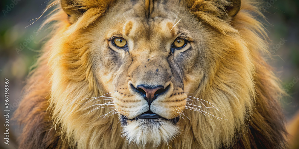 Fototapeta premium Close up of a lion with intense eyes and sharp teeth, lion, predator, wildlife, carnivore, feline, close up, fierce, wild
