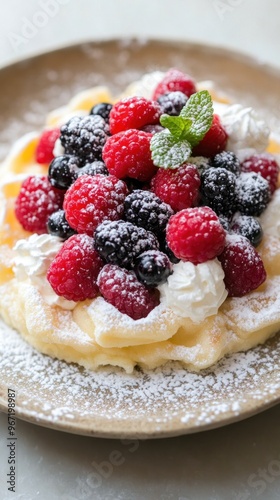 A plate of fluffy pancake topped with whipped cream, raspberries, blueberries, blackberries and powdered sugar.