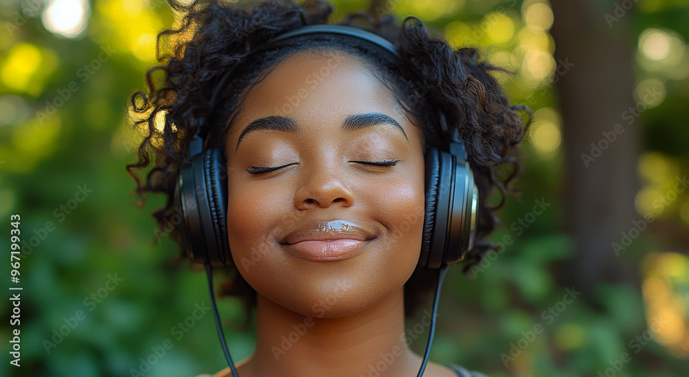 A woman wearing headphones is smiling and looking at the camera. Concept of relaxation and contentment A woman wearing headphones is smiling and looking at the camera. Concept of relaxation and contentment