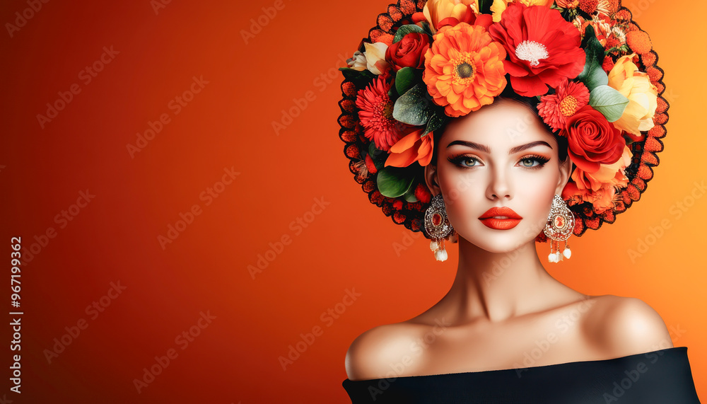 Naklejka premium woman adorned vibrant floral headdress, showcasing Hispanic heritage through cultural celebration