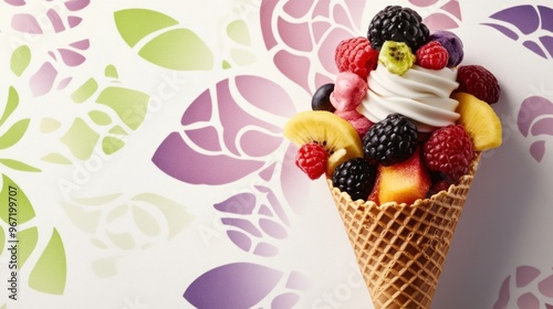 A waffle cone filled with vanilla yogurt and fresh fruit.