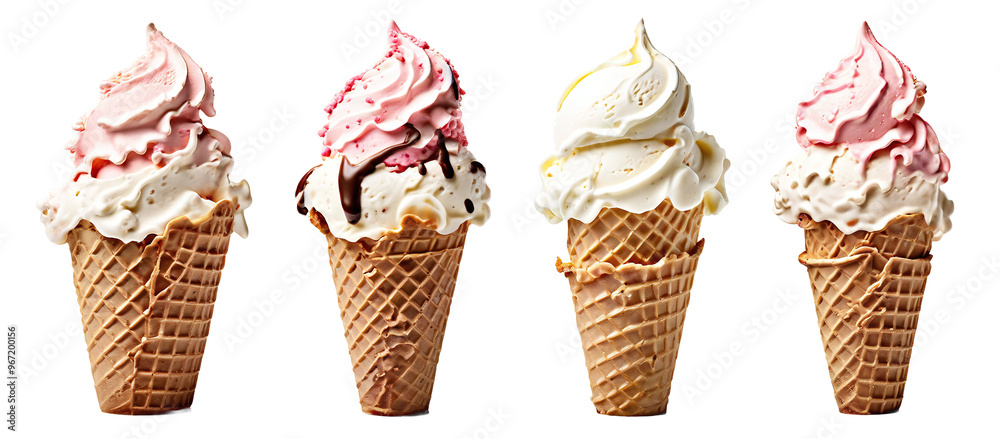 Ice Cream in Waffle Cone, Isolated Set on Transparent Background Ice Cream in Waffle Cone, Isolated Set on Transparent Background
