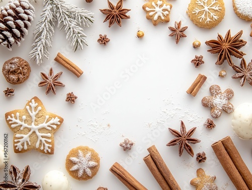 Christmas Frame with Cinnamon Sticks, Candy, Biscuits, and Cookies on White