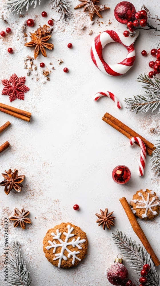 Christmas Frame with Cinnamon Sticks, Candy, Biscuits, and Cookies on White Christmas Frame with Cinnamon Sticks, Candy, Biscuits, and Cookies on White