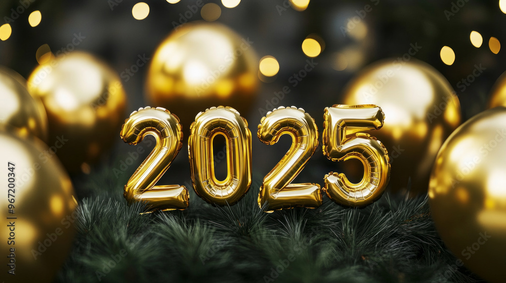 Golden balloons display the year 2025 surrounded by festive ornaments and twinkling lights for a joyful celebration setting Golden balloons display the year 2025 surrounded by festive ornaments and twinkling lights for a joyful celebration setting