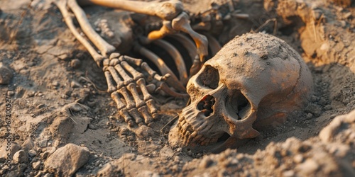 Skeleton of a human found at an archaeological excavation site photo