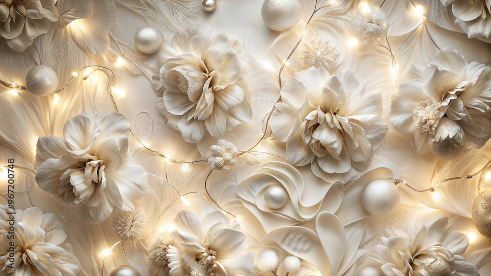 Composition of artificial creamy white flowers with shiny balls and LED garland in soft festive lighting Composition of artificial creamy white flowers with shiny balls and LED garland in soft festive lighting