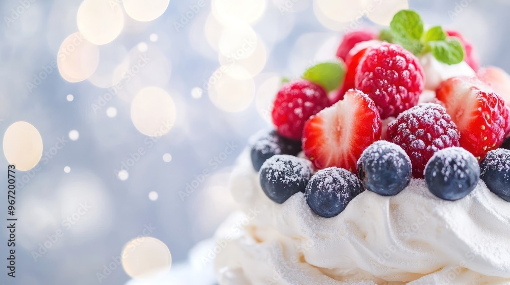 Close-up of a delicious dessert with whipped cream and fresh berries, including strawberries, raspberries, and blueberries, Close-up of a delicious dessert with whipped cream and fresh berries, including strawberries, raspberries, and blueberries,