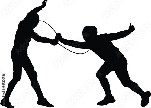 Fencer silhouette illustration. People pose full body while fencing.