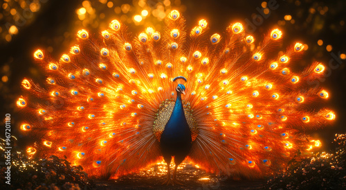 A colorful peacock with its head down and its tail spread out. The peacock is surrounded by a lot of bright colors, which gives the image a lively and cheerful mood