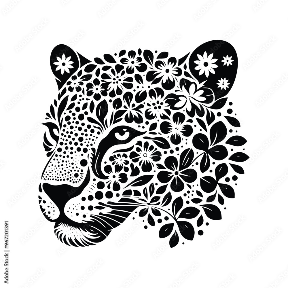 Jaguar made by simple flower drawing, black and white animal illustration Jaguar made by simple flower drawing, black and white animal illustration