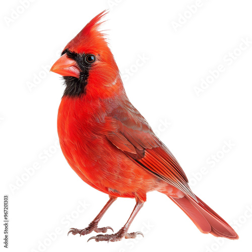 Bright red cardinal perched on a transparent background, showcasing its distinct features and vibrant plumage in natural sunlight