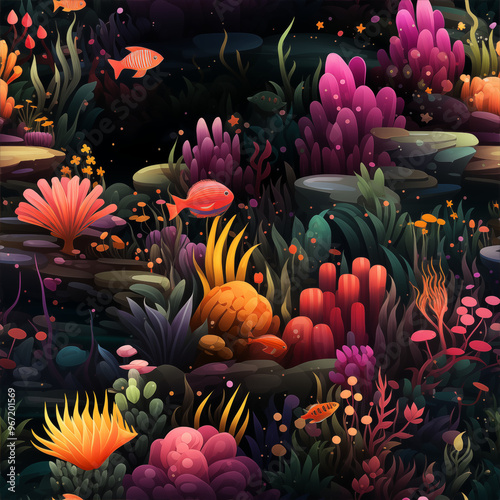 Seamless underwater pattern inspired by deep sea coral reefs, vibrant glowing coral formations, swirling currents and sea creatures 