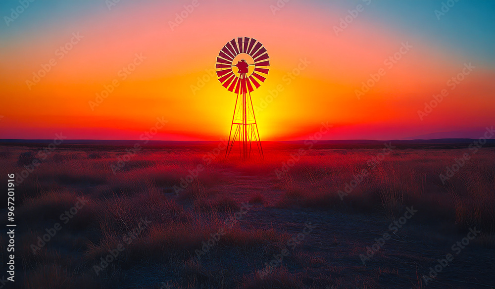A windmill is standing in a field of tall grass. The sun is setting, casting a warm glow over the scene. The windmill is the only object in the field, and it is the focal point of the image A windmill is standing in a field of tall grass. The sun is setting, casting a warm glow over the scene. The windmill is the only object in the field, and it is the focal point of the image