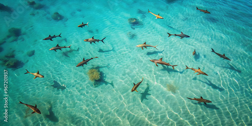 Aerial view of sharks and rays swimming in turquoise water, sharks, rays, underwater, ocean, marine life photo