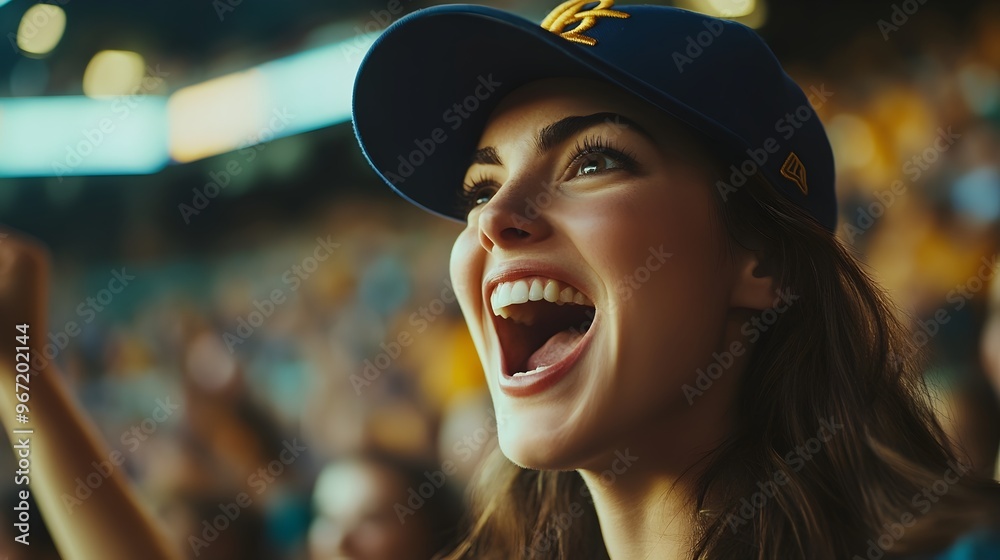 Fototapeta premium Excited Young Woman Cheering Enthusiastically In Stadium Crowd