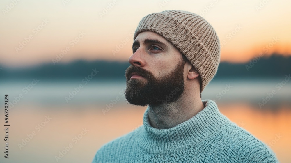 Fisherman wearing a cozy sweater and beanie standing by a tranquil misty lake at sunrise  The scene captures the peaceful atmosphere and serene natural beauty of the coastal autumn landscape
