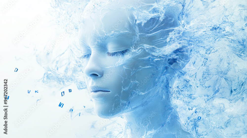 Abstract frozen face with floating letters around it. Abstract frozen face with floating letters around it.