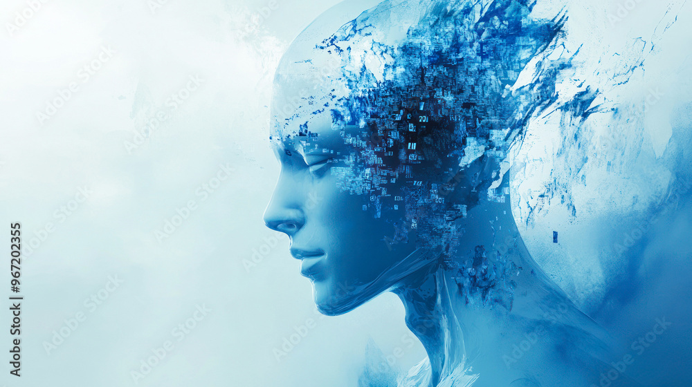 Abstract blue profile merging with digital fragments. Abstract blue profile merging with digital fragments.