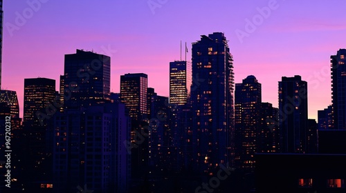 City Skyline at Sunset with Vibrant Purple and Pink Sky featuring Tall Buildings