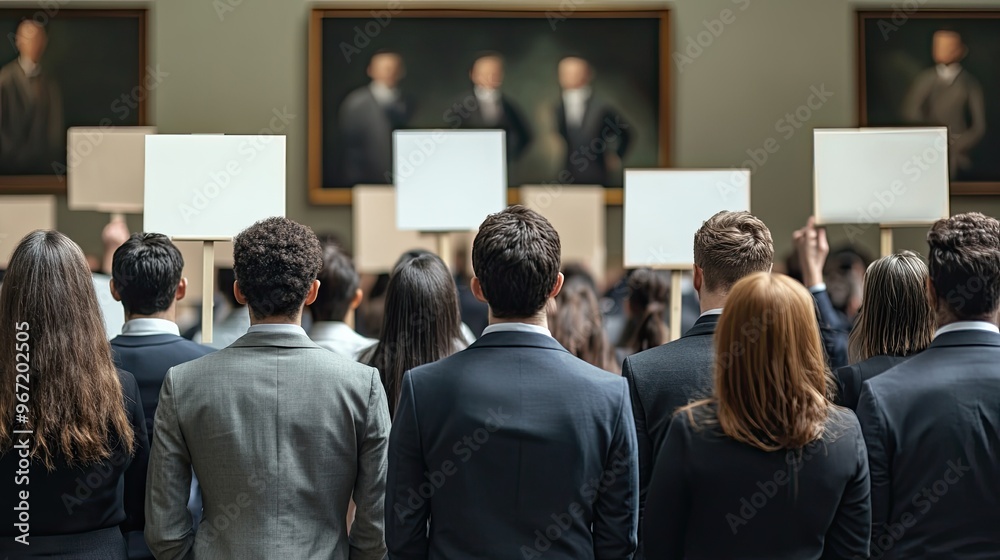 Obraz premium People in suits holding blank signs. Perfect for a protest, demonstration or political campaign.