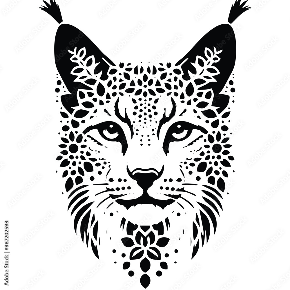 lynx cat made by simple flower drawing, black and white animal illustration lynx cat made by simple flower drawing, black and white animal illustration