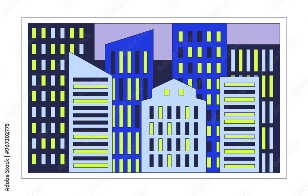 Evening cityscape window 2D cartoon object. Nighttime city frame isolated element flat vector clipart on white background. Nightlife building exterior. Downtown night town. Spot illustration Evening cityscape window 2D cartoon object. Nighttime city frame isolated element flat vector clipart on white background. Nightlife building exterior. Downtown night town. Spot illustration