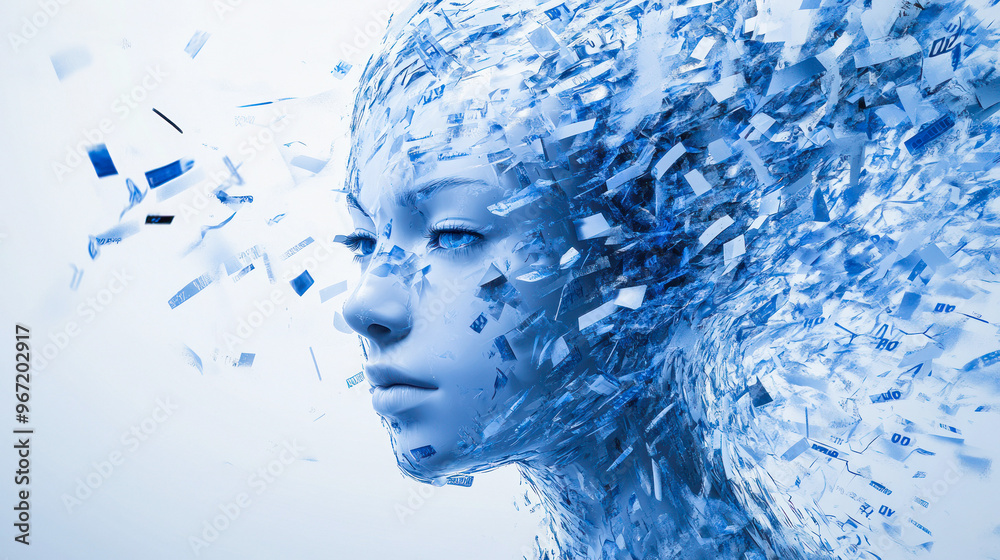 Fototapeta premium Abstract blue head floating with fragments around it
