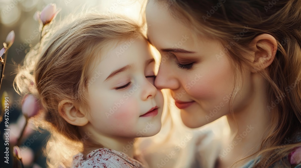 A tender moment between a mother and daughter, sharing love in a natural setting. A tender moment between a mother and daughter, sharing love in a natural setting.