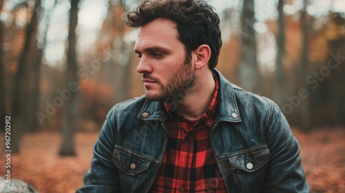 Portrait of a man wearing a plaid shirt and leather jacket sitting comfortably on a log in a serene autumnal forest setting The image conveys a sense of rugged style and outdoor adventure