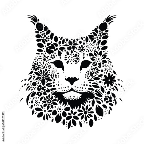 Maine Coon cat made by simple flower drawing, black and white animal illustration