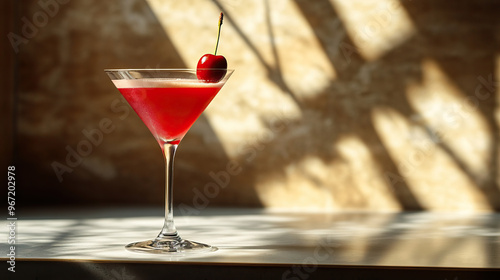 Chocolate Cherry Martini drink in modern off-white minimalist trendy stylish vegan plant-based cafe bar setting with stucco concrete wall, product photography, outdoors, sunny, beverage