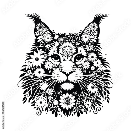 Maine Coon cat made by simple flower drawing, black and white animal illustration