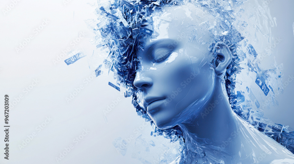 Blue icy sculpture, flowing digital elements, ear visible