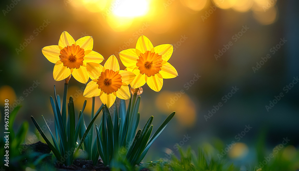 Three yellow flowers narcissus are in a field with a bright sun in the background. The flowers are in full bloom and are surrounded by green grass. The scene is peaceful and serene Three yellow flowers narcissus are in a field with a bright sun in the background. The flowers are in full bloom and are surrounded by green grass. The scene is peaceful and serene