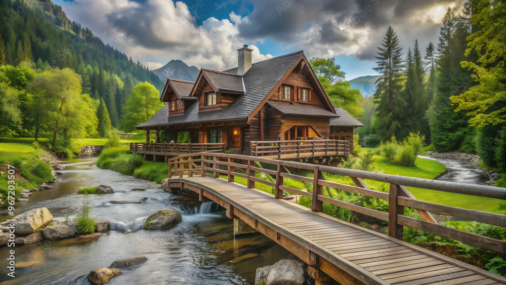 Rustic villa surrounded by nature with a wooden bridge over a serene stream , cottage, rustic, wooden bridge Rustic villa surrounded by nature with a wooden bridge over a serene stream , cottage, rustic, wooden bridge