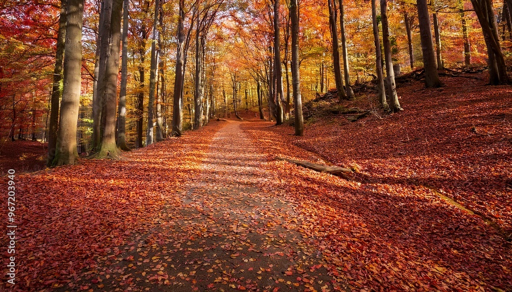 Obraz premium A scenic, winding pathway in the woods, completely covered by a layer of fallen autumn leaves in shades of red, orange, and yellow, capturing the essence of fall.