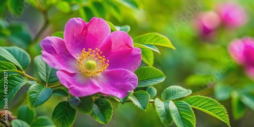 Close up of a vibrant dog rose with fluffy petals and green leaves in full bloom during summer , dog rose, Rosa canina