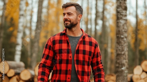 Hardworking Man Chopping Firewood in Forested Clearing Wearing Thermal Shirt and Flannel Lined Jeans Practical Autumn Fashion in Rustic Outdoorsy Setting