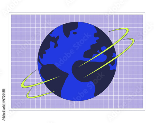 Spinning Earth planet grid 2D cartoon object. World rotation against mesh isolated element flat vector clipart on white background. News global communications. Sphere globe spin. Spot illustration