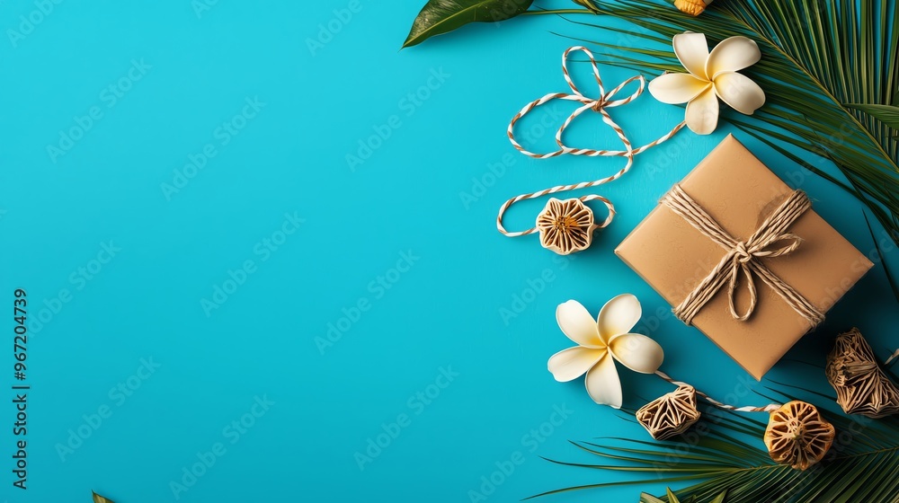 Obraz premium Charming gift box surrounded by tropical flowers and leaves on a vibrant blue background, perfect for celebrations and occasions.