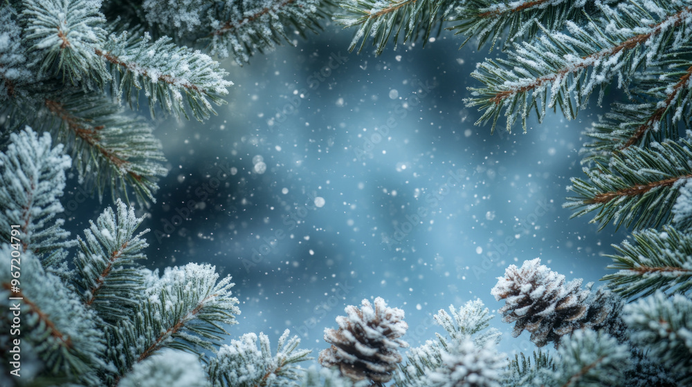 Snow falls on a pine branch during a winter day Snow falls on a pine branch during a winter day