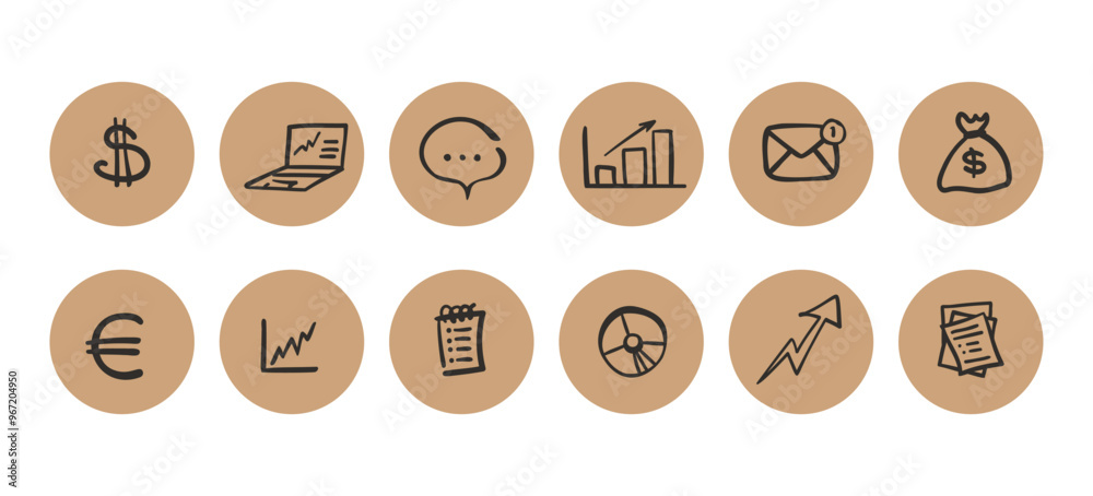 Economy, financial doodles set. Vector collection of hand drawn elements: graphs, charts, folders, money, diagrams, files and others.